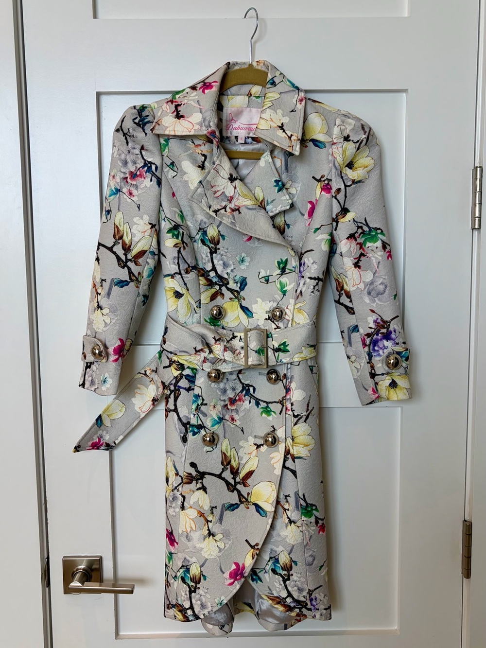 Floral Double-Breasted Trench Coat - Light Gray